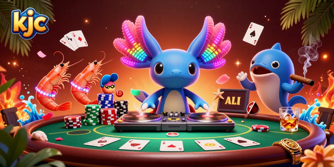 KJC casino scene with a vibrant axolotl DJ, poker table, and dynamic game elements.