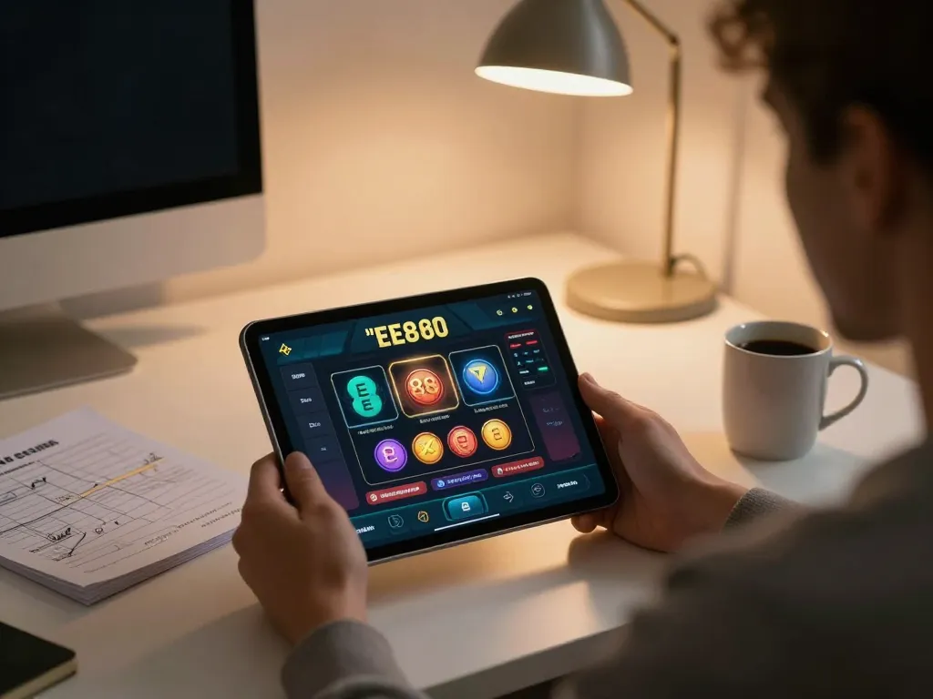 Engaging with the EE88 casino app on a tablet, showcasing strategic notes in a cozy home office.