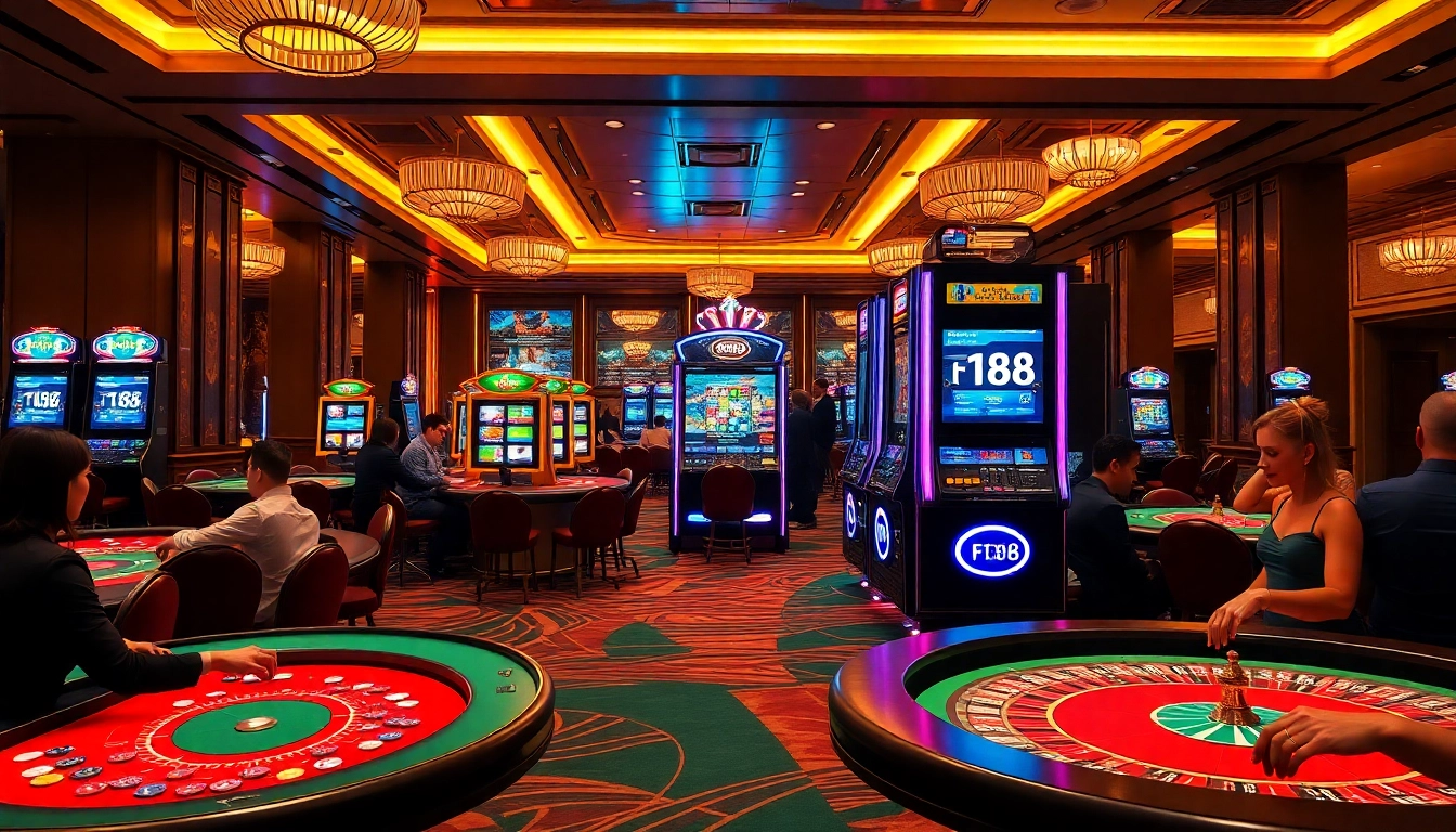 Players enjoying thrilling games at F168's luxurious casino, with vibrant slot machines and dynamic action.