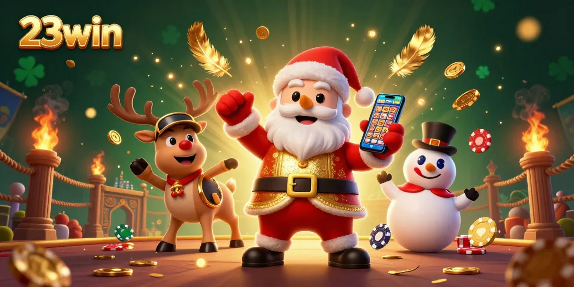 Experience excitement at 23win with Santa and friends in a dynamic casino scene featuring jackpots.