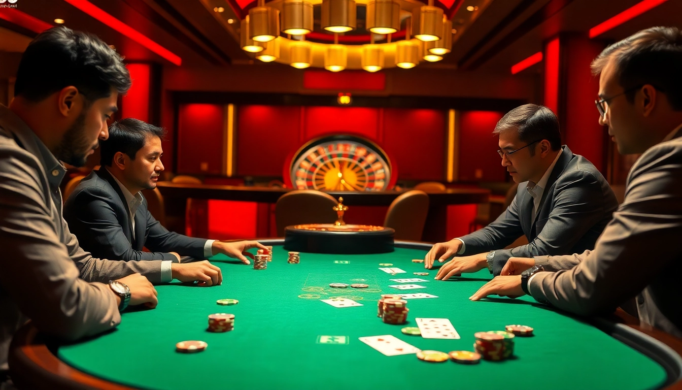 NK88 poker scene with players, colorful chips, and a luxurious roulette wheel, highlighting excitement.