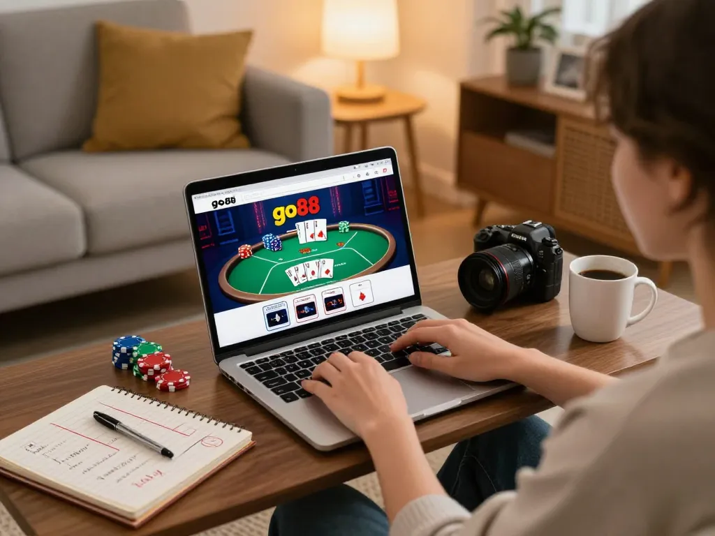 Engaging player using go88 casino platform on laptop in cozy home setting.