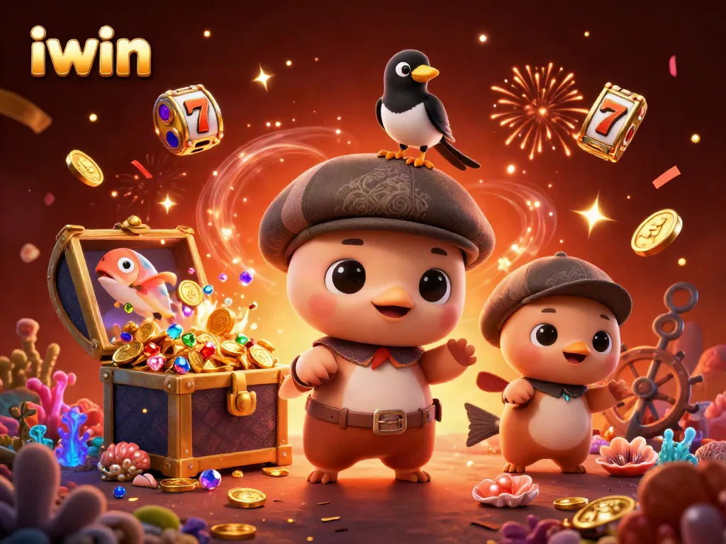Experience thrilling wins with iwin's vibrant casino scene featuring cartoon characters in a rich 3D illustration.