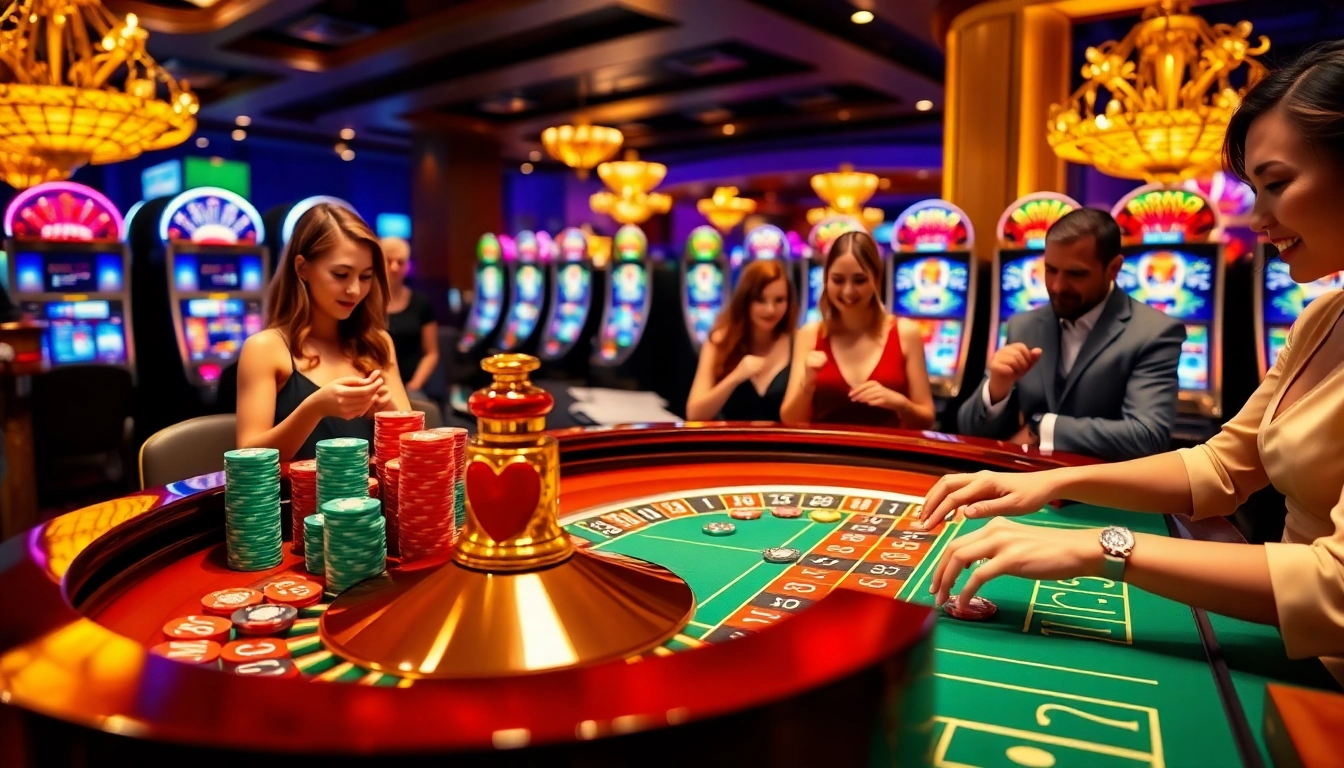 Engaged players at luck8 casino betting on a lively roulette table with colorful chips.
