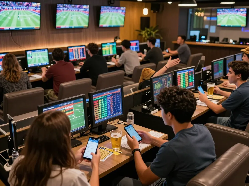 Fans engaging in sports betting at 888top's vibrant lounge, capturing lively social excitement