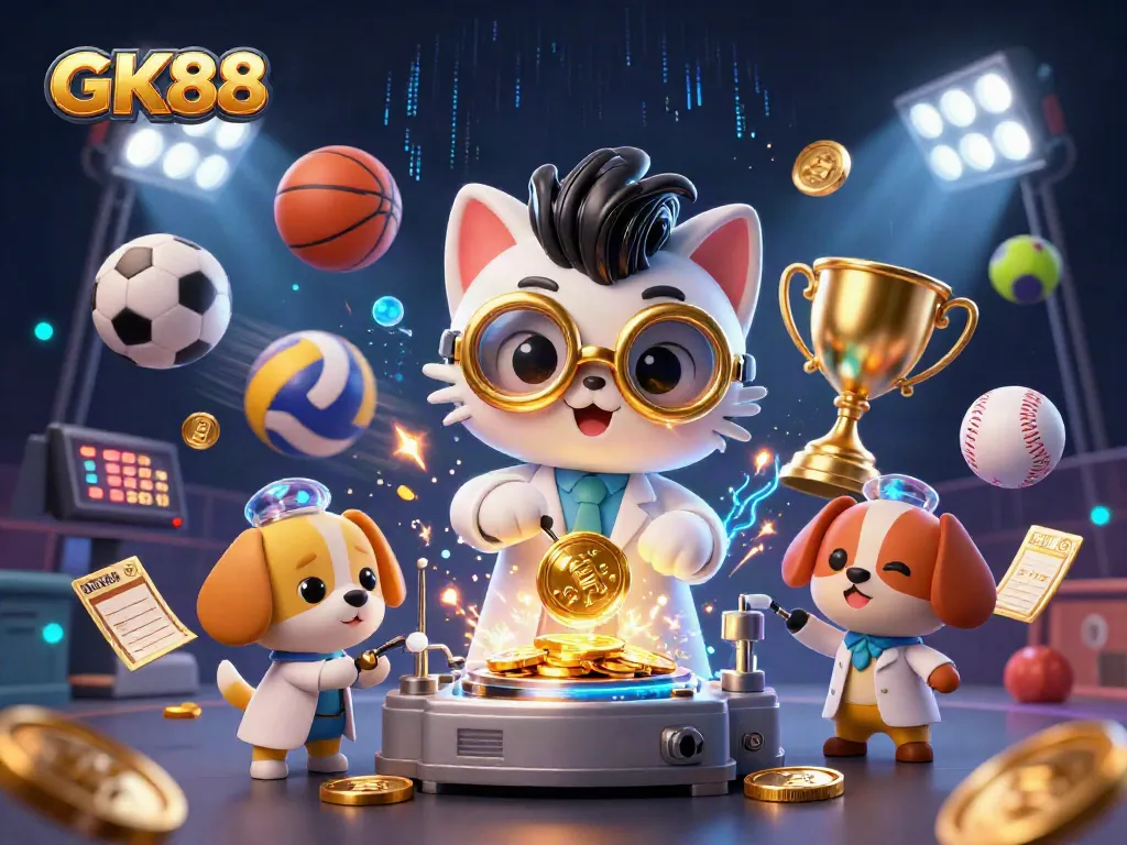 Experience the excitement of GK88 with dynamic sports betting scenes featuring a mad scientist cat and dog.