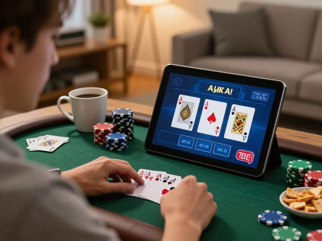 Engaging home gaming scene with MM88 poker app displayed on tablet, showcasing strategic play