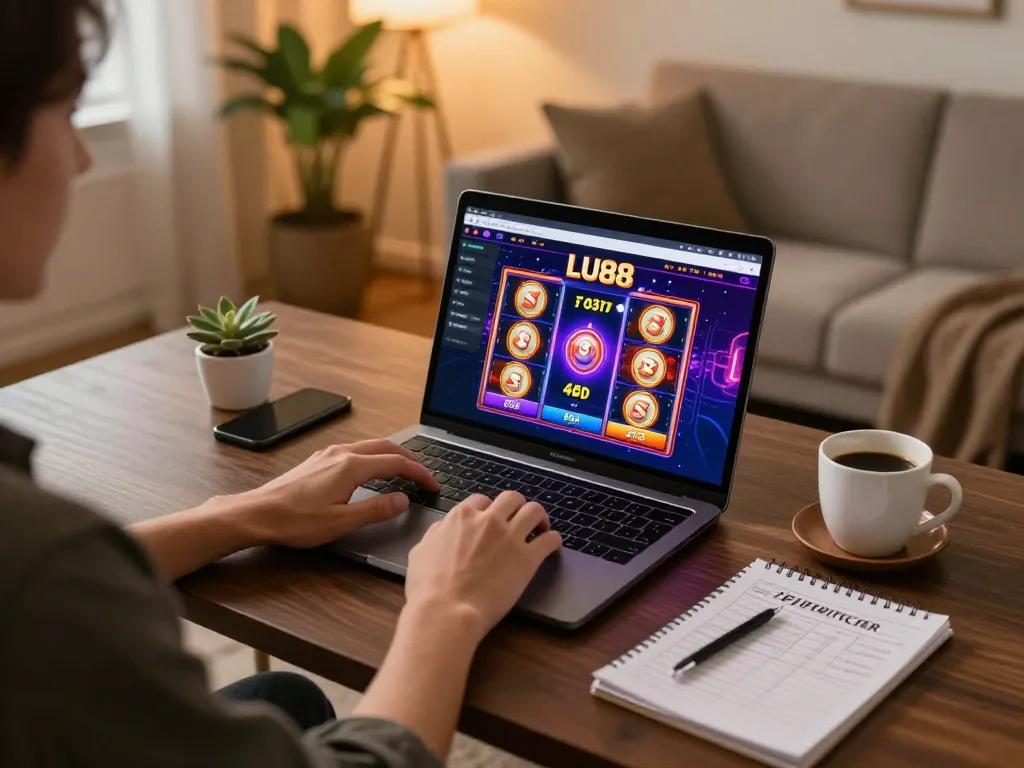 Player enjoying LU88 online slots at a home desk, highlighting a strategic gaming experience