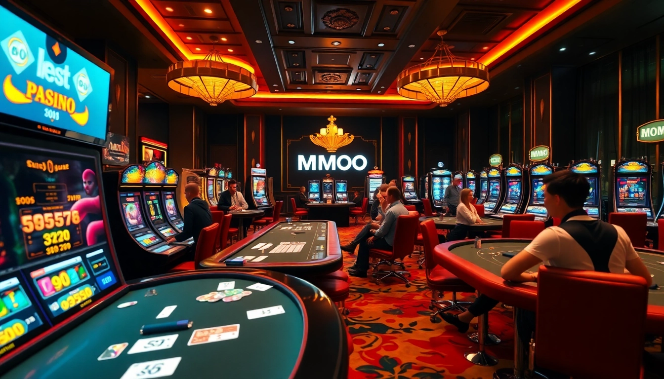 MMOO players enjoying a vibrant casino atmosphere with slot machines and poker tables.