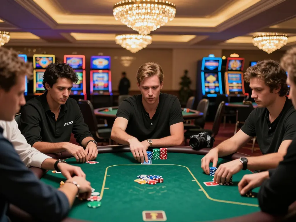 Players engage in a strategic poker game at lavish casino table showcasing vb88 betting atmosphere.
