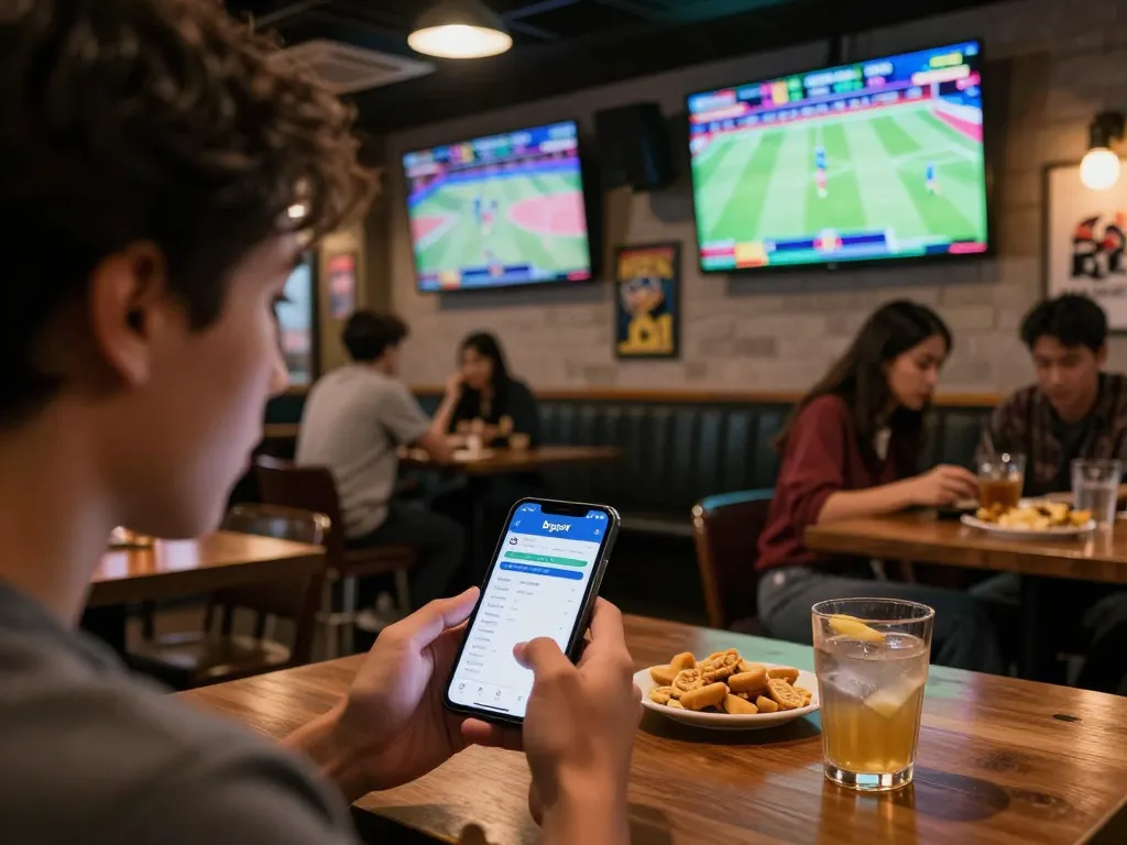 Bet on live sports with the Bsport app amidst friends in an exciting sports bar setting.