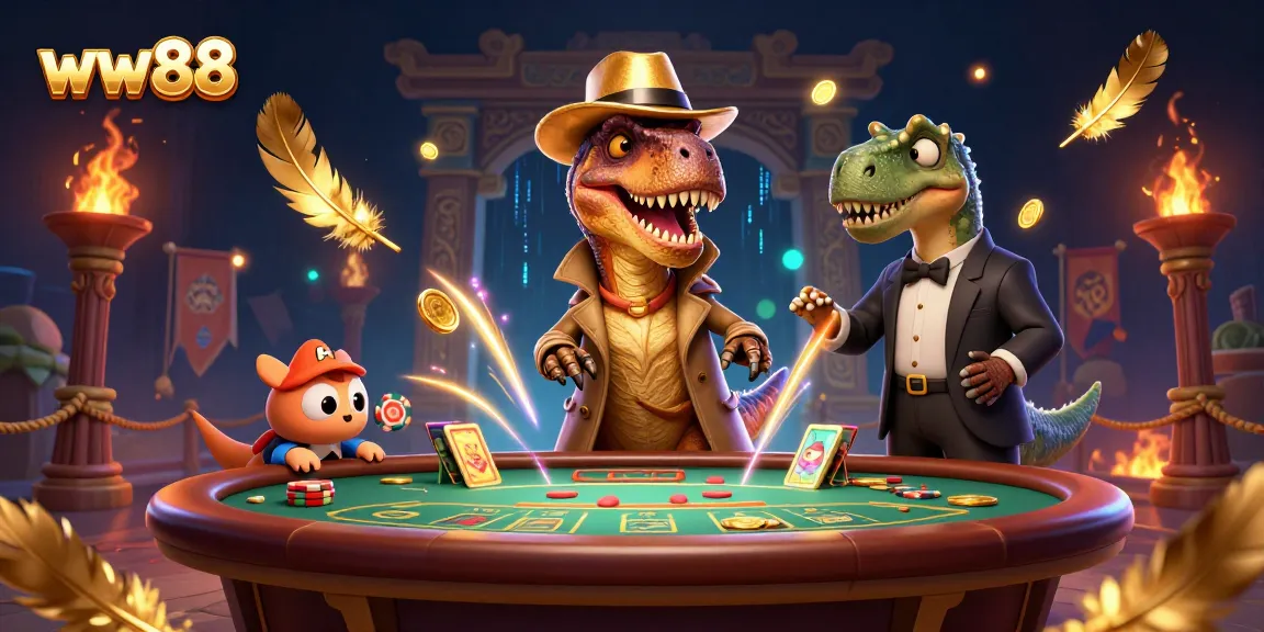 Experience thrilling gameplay at ww88 with a velociraptor card counter amidst vibrant casino elements.