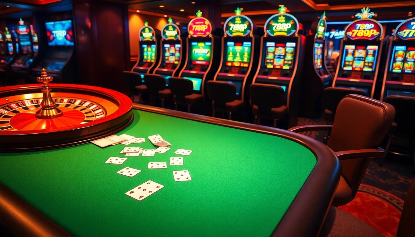Exciting gambling scene showcasing '789p' with a luxurious poker table and dazzling slot machines.