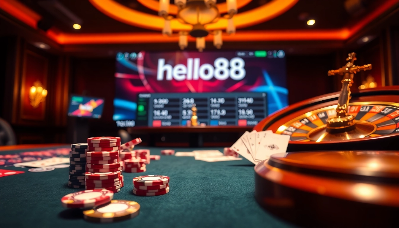 Engaged players at a Hello88 casino table with poker chips and cards, showcasing excitement in online gambling.