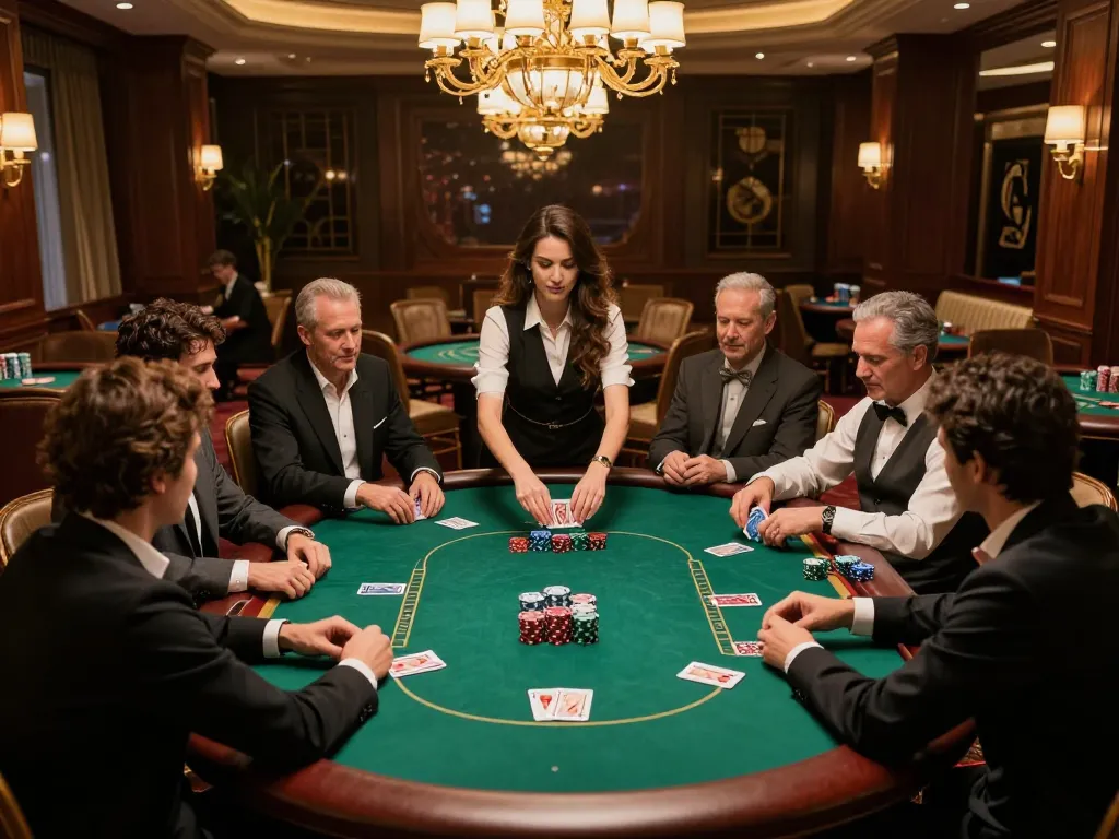 Players enjoy a thrilling n88 poker game in an upscale VIP room, showcasing luxury and strategy.