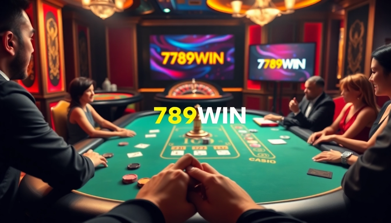 Players enjoying poker at the 789WIN casino table with vibrant chips and cards.