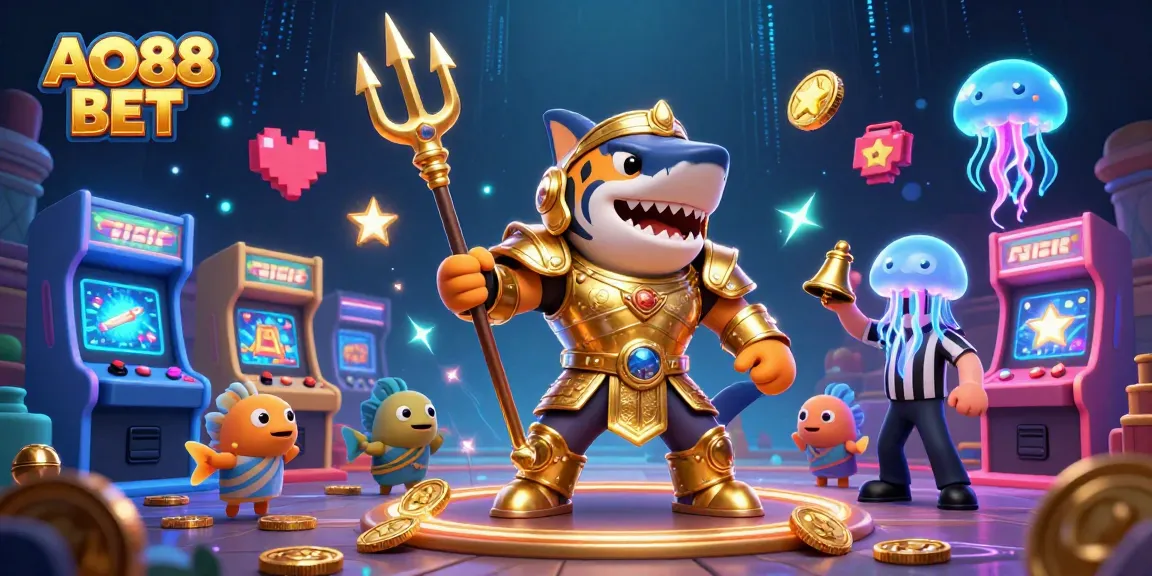 Experience exciting gameplay with AO88 BET in an underwater colosseum featuring a tiger shark and game elements.
