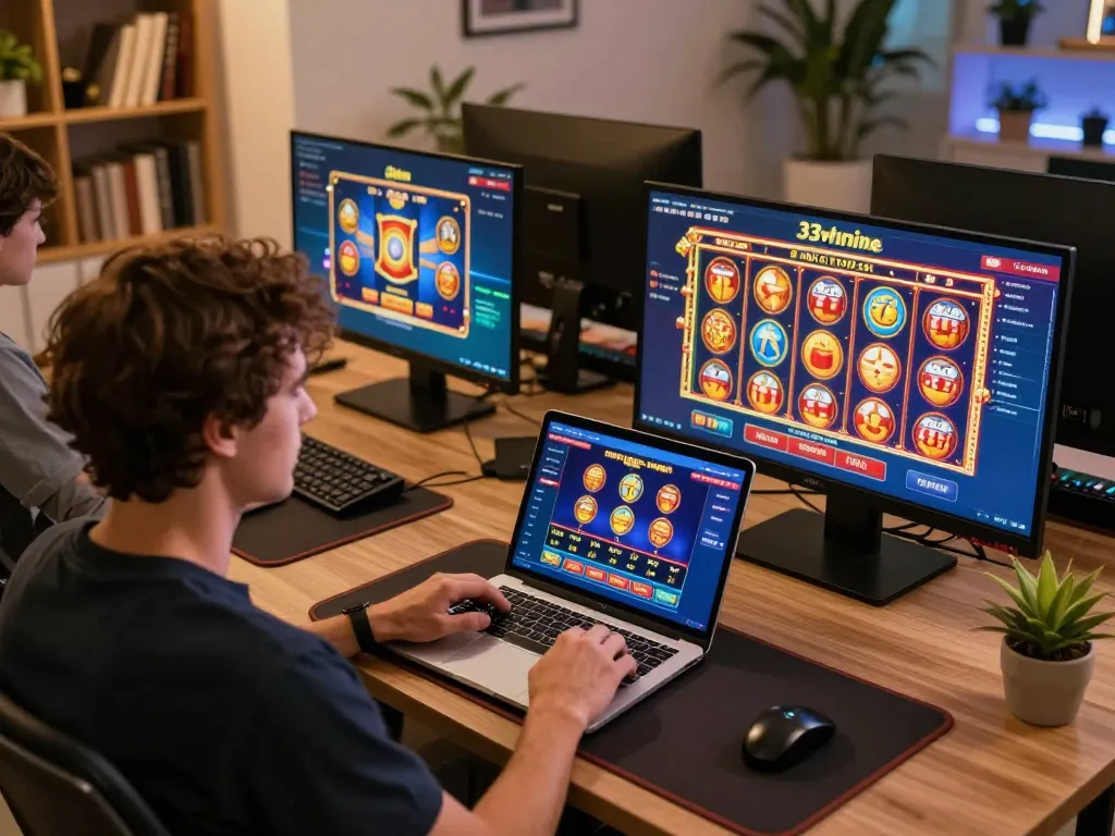Engaging with 33win online casino platform on a cozy home desk, showcasing responsible gaming.