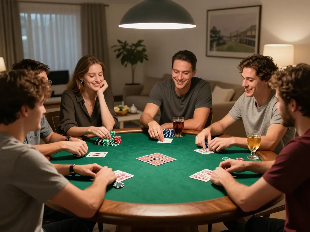 Social poker night at home with friends engaging in responsible gaming at nhà cái 79king.