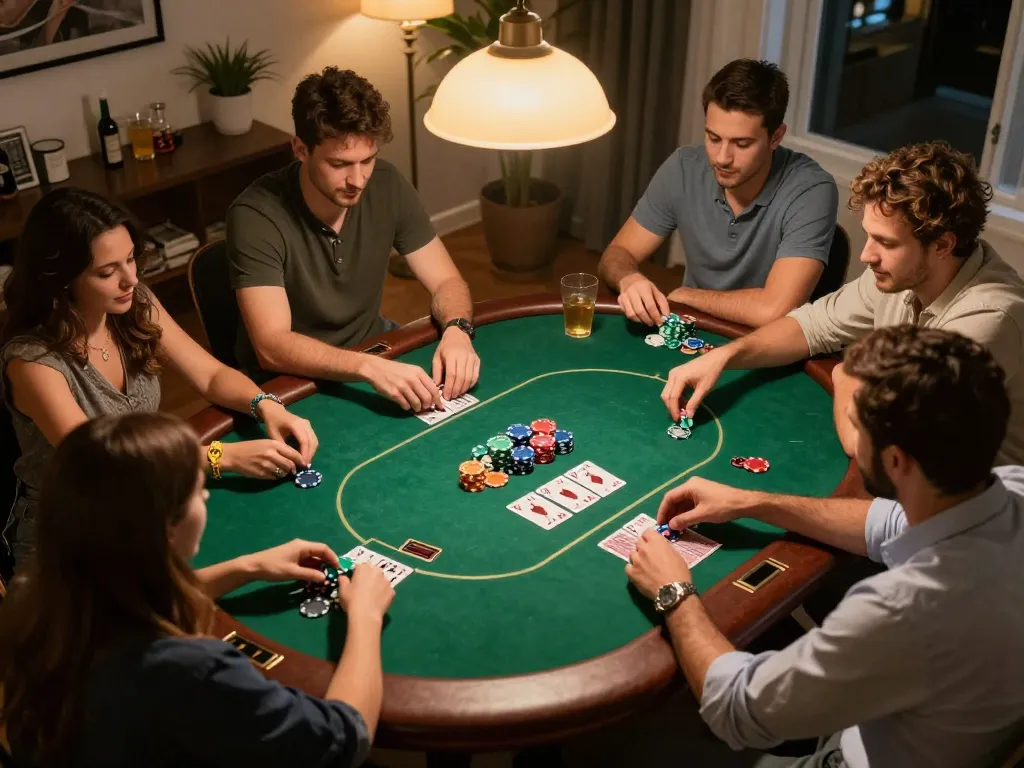 Friends engaging in an exciting home poker game, showcasing strategic moves at the table with hay88x elements.