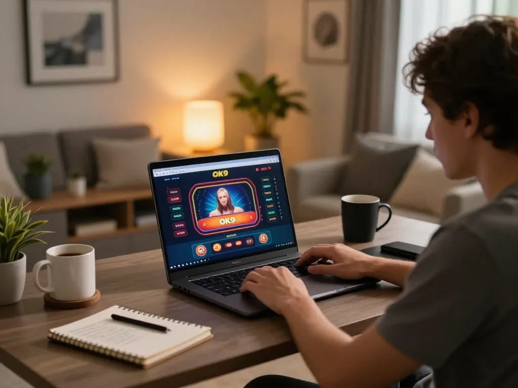 Engaging in an Ok9 online casino game with a comprehensive setup for strategy and fun at home.