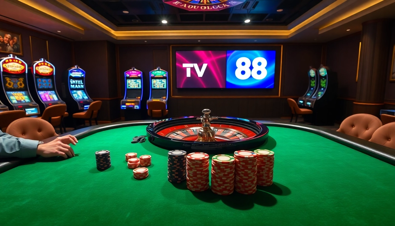 TV88 enhances your gaming experience with vibrant casino visuals of poker tables and slot machines.