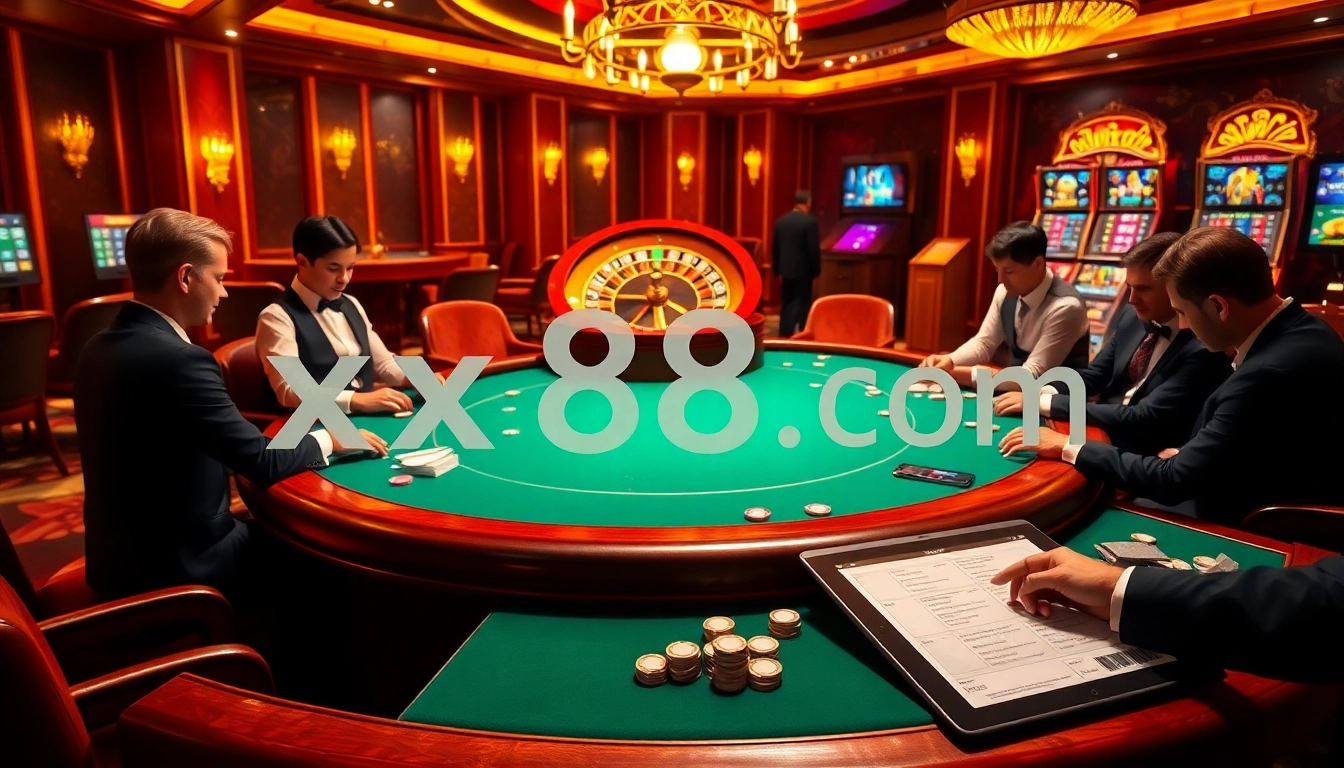 Experience thrilling gameplay at xx88 com with an elegant poker table setup, vibrant slot machines, and a roulette wheel.