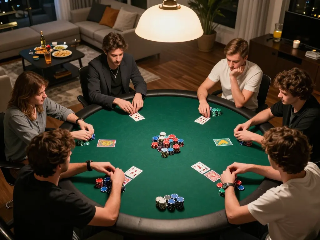 Engaged players strategizing during a home poker game centered on the 789Win experience.