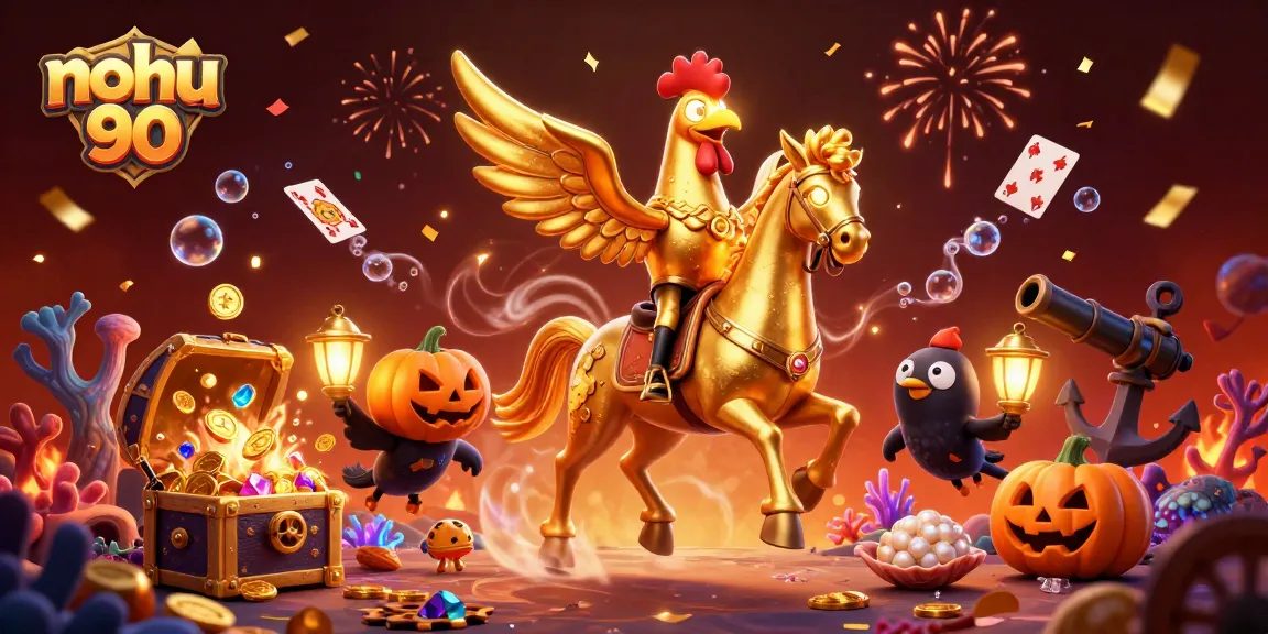 Join the excitement at nohu 90 with a golden rooster in a lavish casino setting filled with treasure.