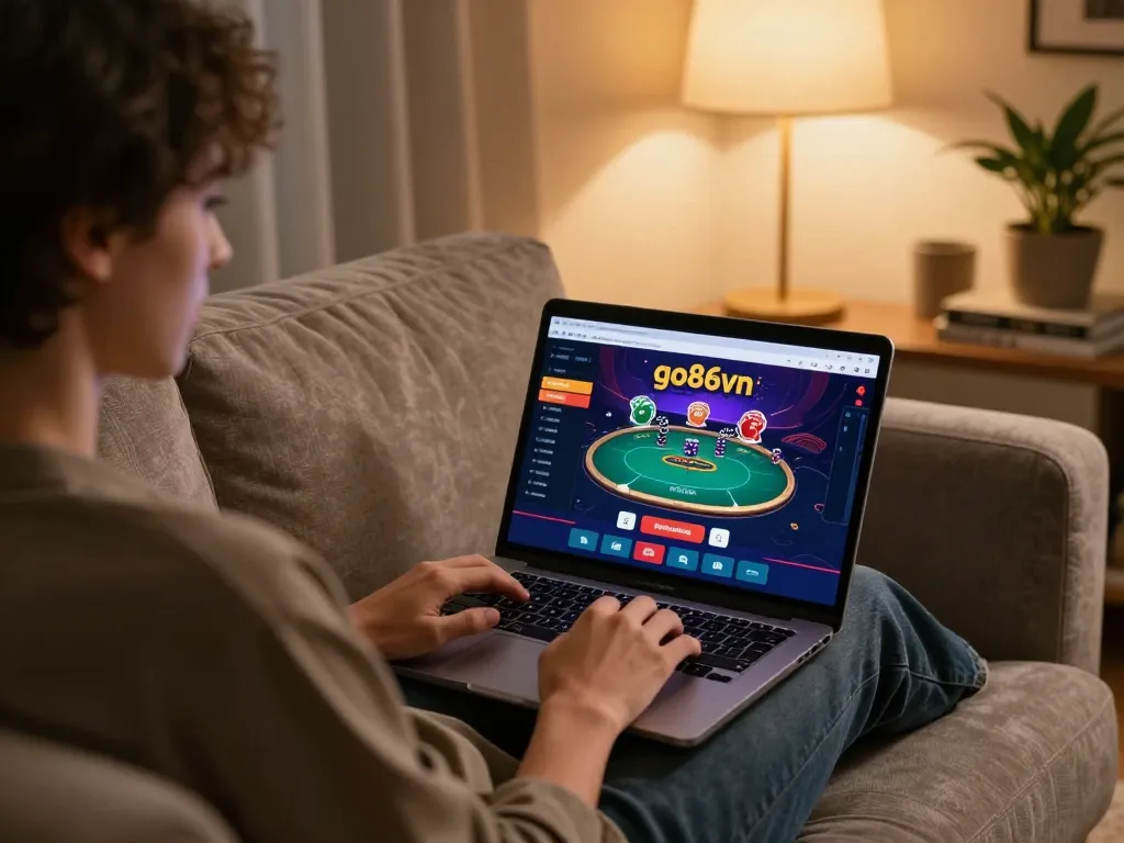 Playing poker on go86vn from the comfort of home, capturing relaxed strategic gaming atmosphere.