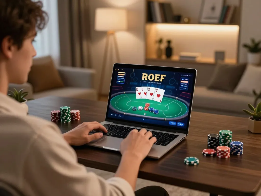 Engaged player experiencing MM88 poker game on laptop in a cozy home office.