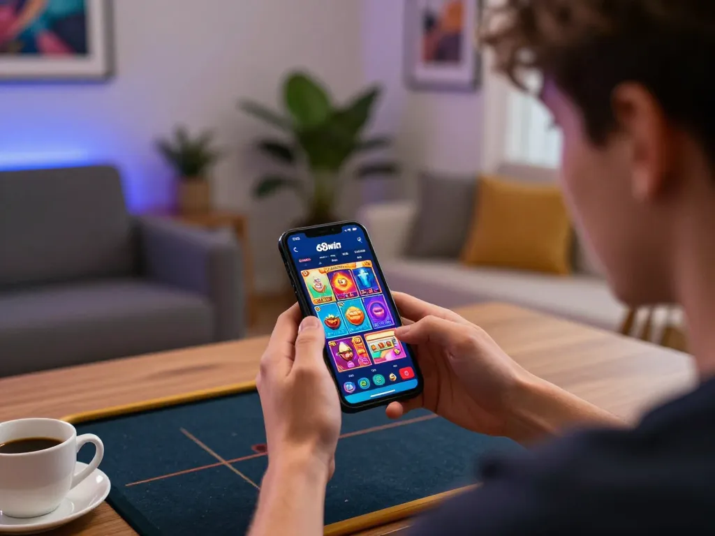 Experience dynamic gameplay with the 68win casino app on a smartphone in a vibrant home setting.
