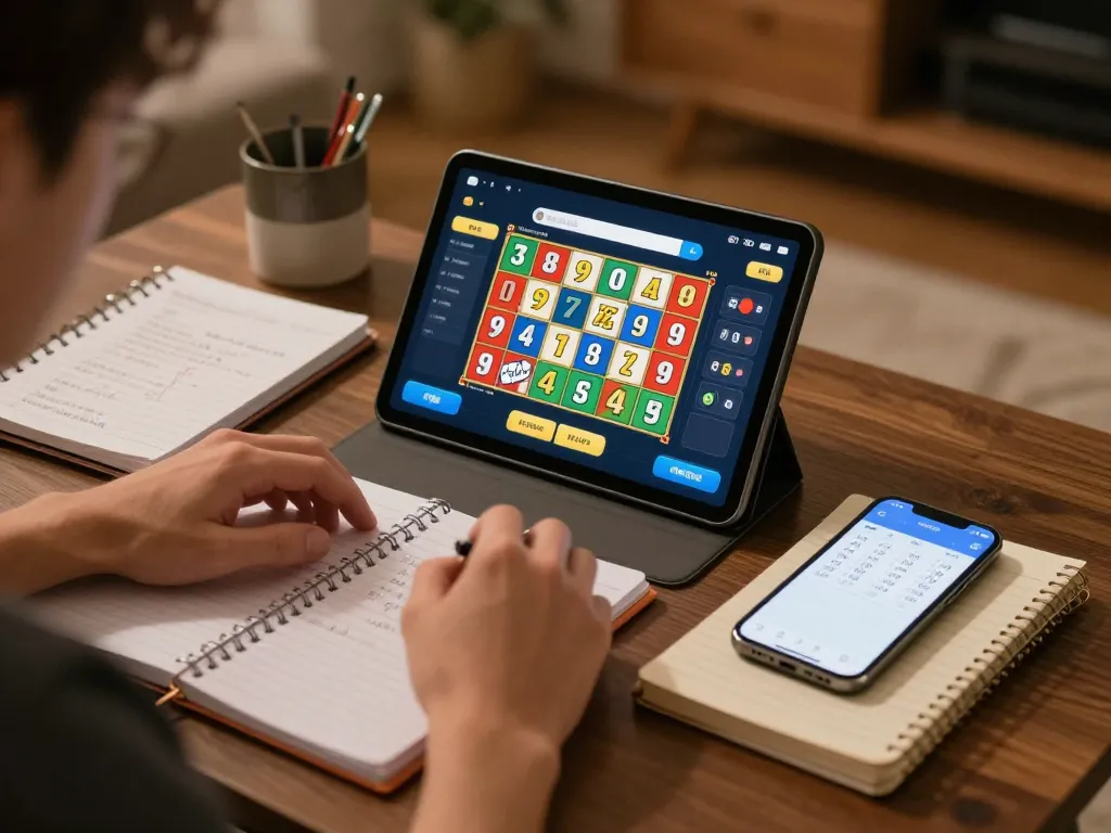 Engaged player checking lotto 9 4d results on tablet, surrounded by strategy notes in a cozy home