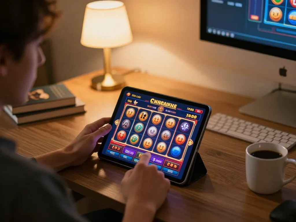 Engaging moment in vvvwin online casino gaming with vibrant slots interface and cozy home setup