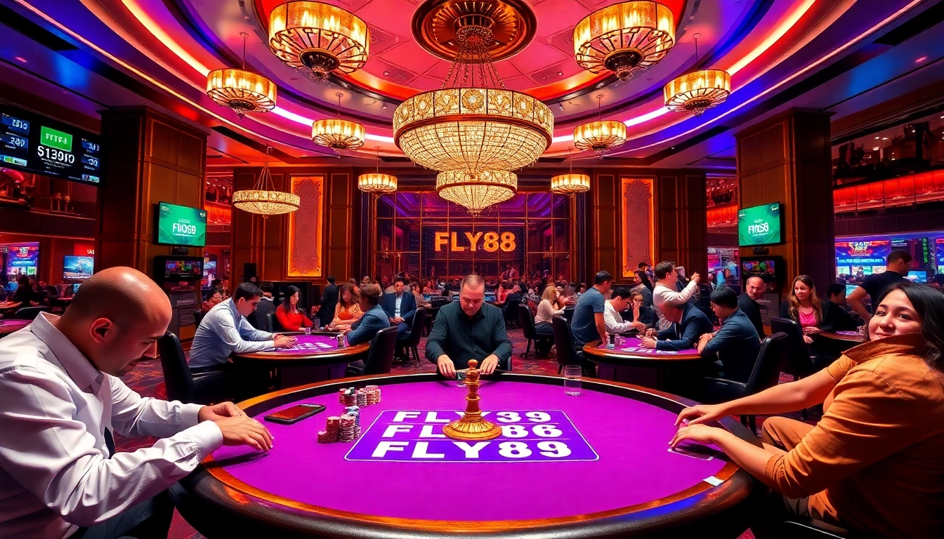 FLY88 showcases players in an upscale casino environment, focusing on high-stakes poker gaming.