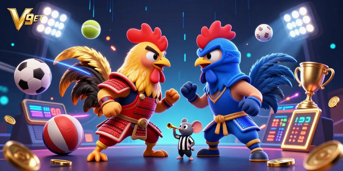 Engage in thrilling action at V9BET with dynamic roosters in a vibrant 3D showdown.