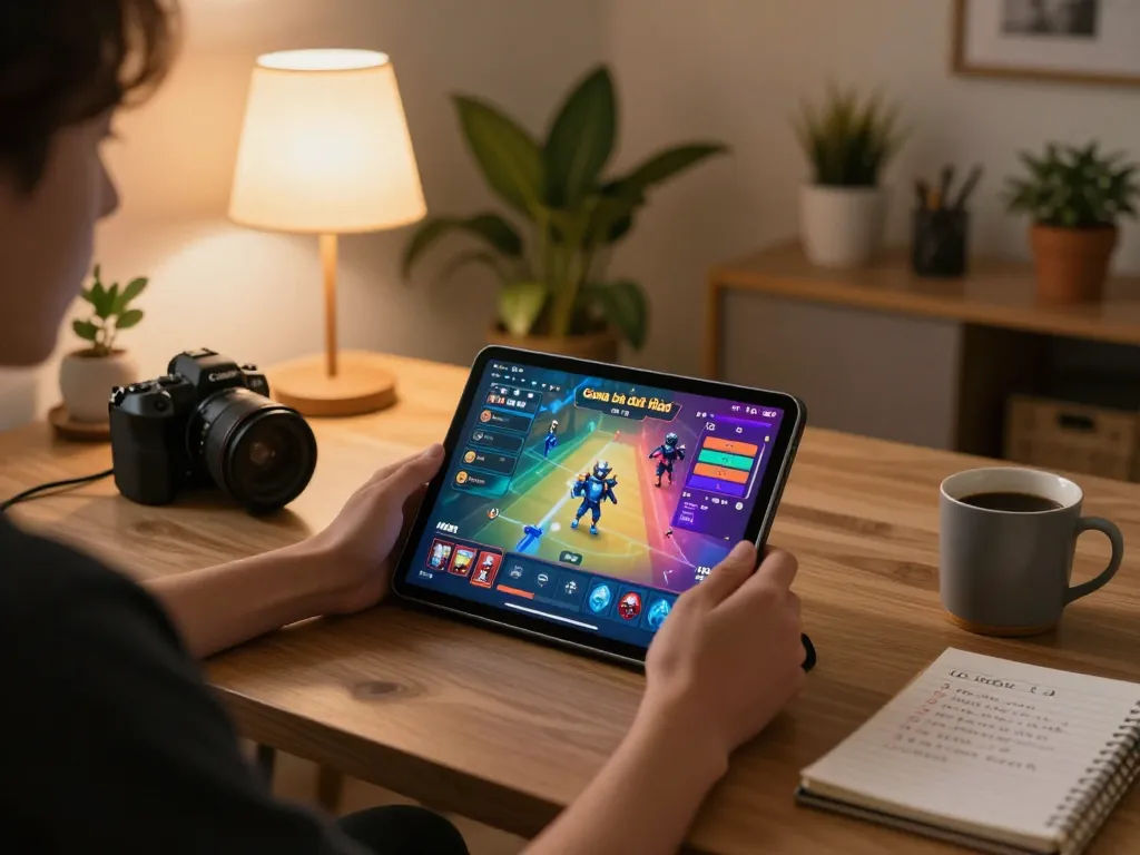 Engaging in Game bài đổi thưởng through an online tablet setup, showcasing gaming strategies in a cozy home environment