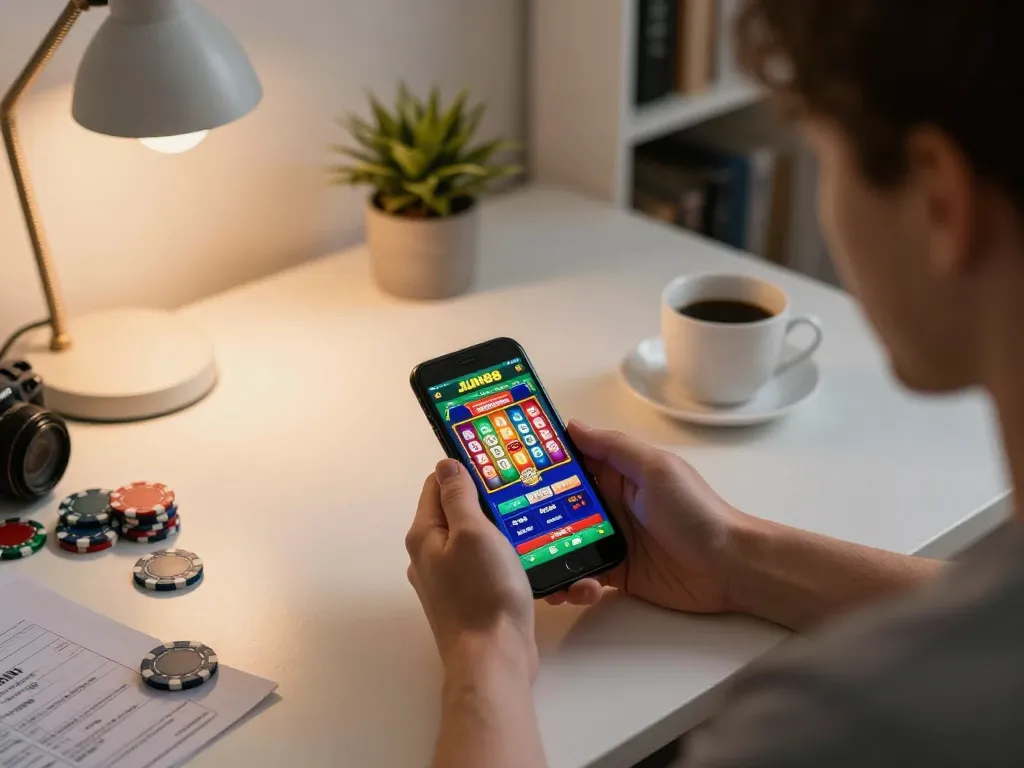 Player engaging with JUN88 casino app on a smartphone, experiencing dynamic online gambling.