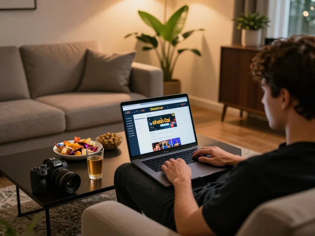 Enjoying gaming on nhà cái onbet platform, person using a laptop in a cozy home setting