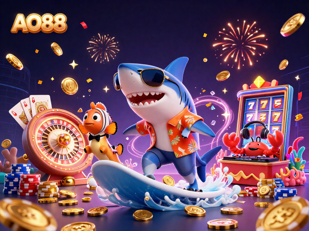 Experience the thrill of gaming at AO88 with a vibrant 3D casino scene showcasing fun characters and action.