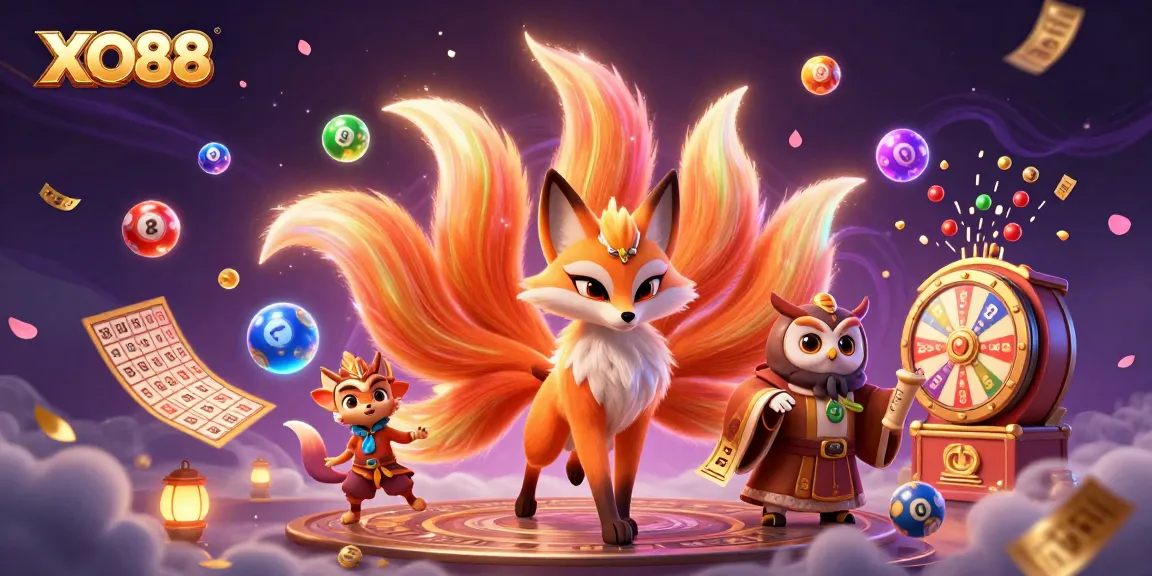 Win big with XO88's vibrant gaming scene featuring lottery balls and festive elements.