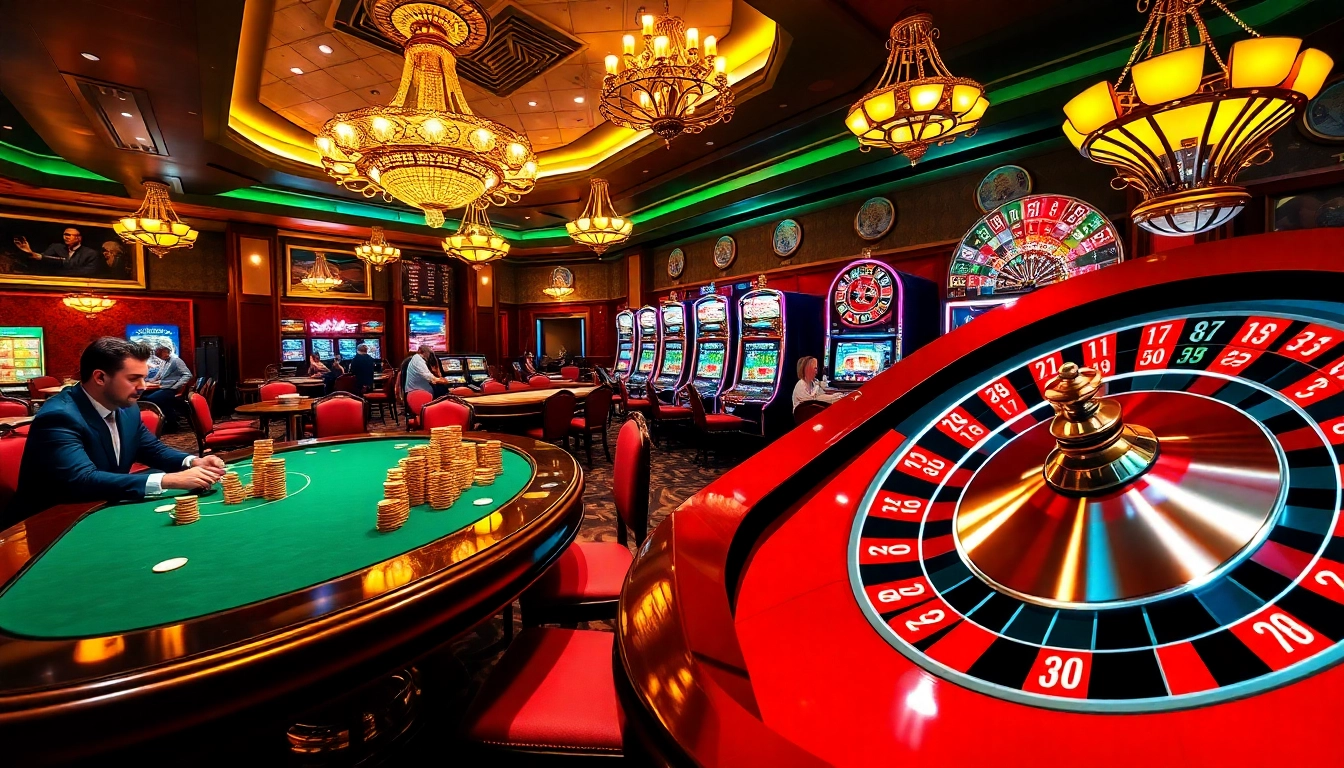 Exciting gambling scene at Nhà cái 8DAY with poker, roulette, and vibrant casino atmosphere.