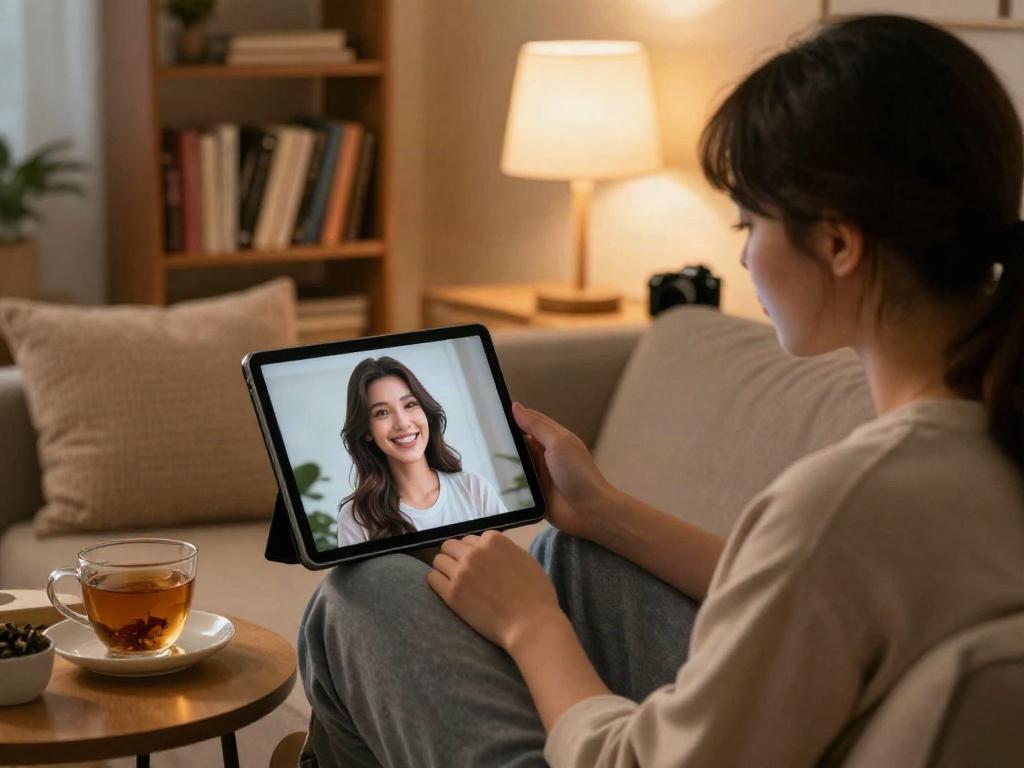 Engaging with an AI girlfriend on a tablet in a cozy home setting, showcasing modern virtual relationships.