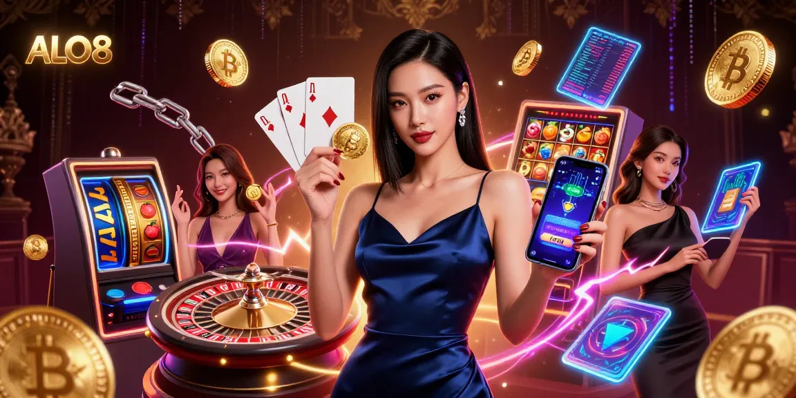 Play exciting games at ALO8, featuring a confident woman displaying gaming elements with a casino app