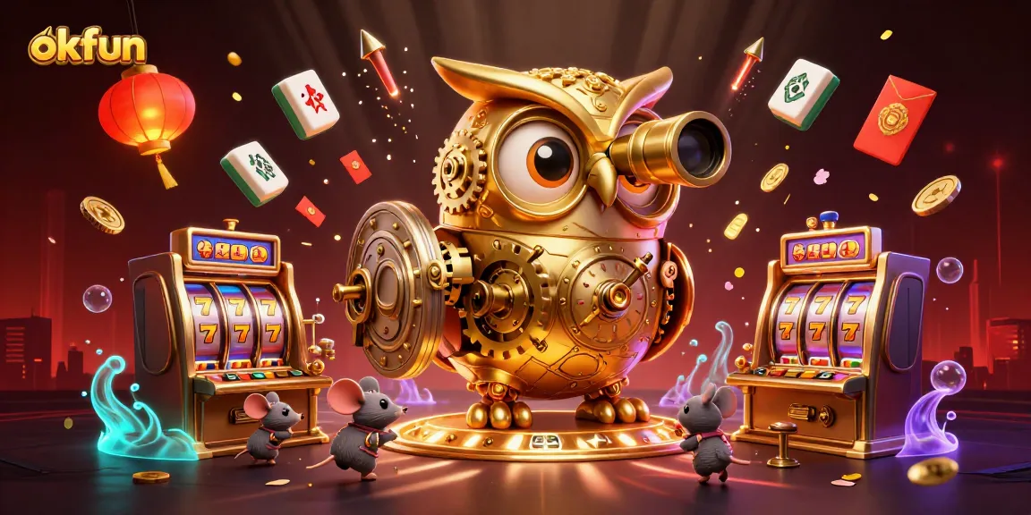 Engage with exciting slot action at okfun with dynamic 3D casino illustration featuring golden owl and slot machines.