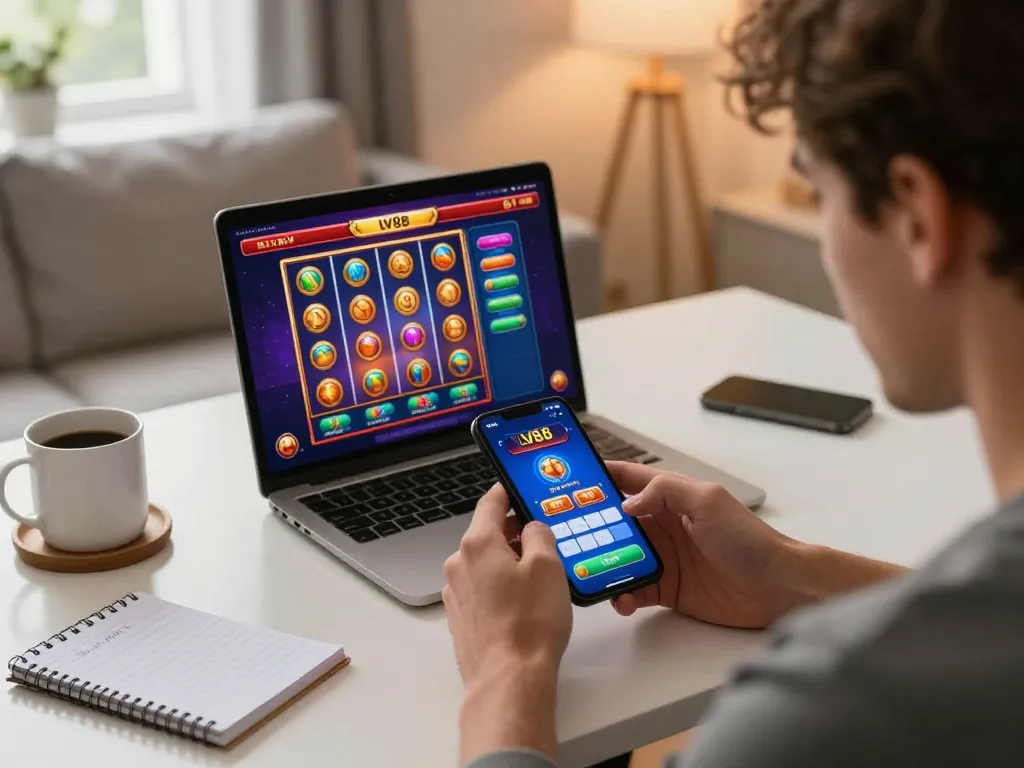 Engaged player exploring LV88 casino app on smartphone, showcasing vibrant mobile gaming.