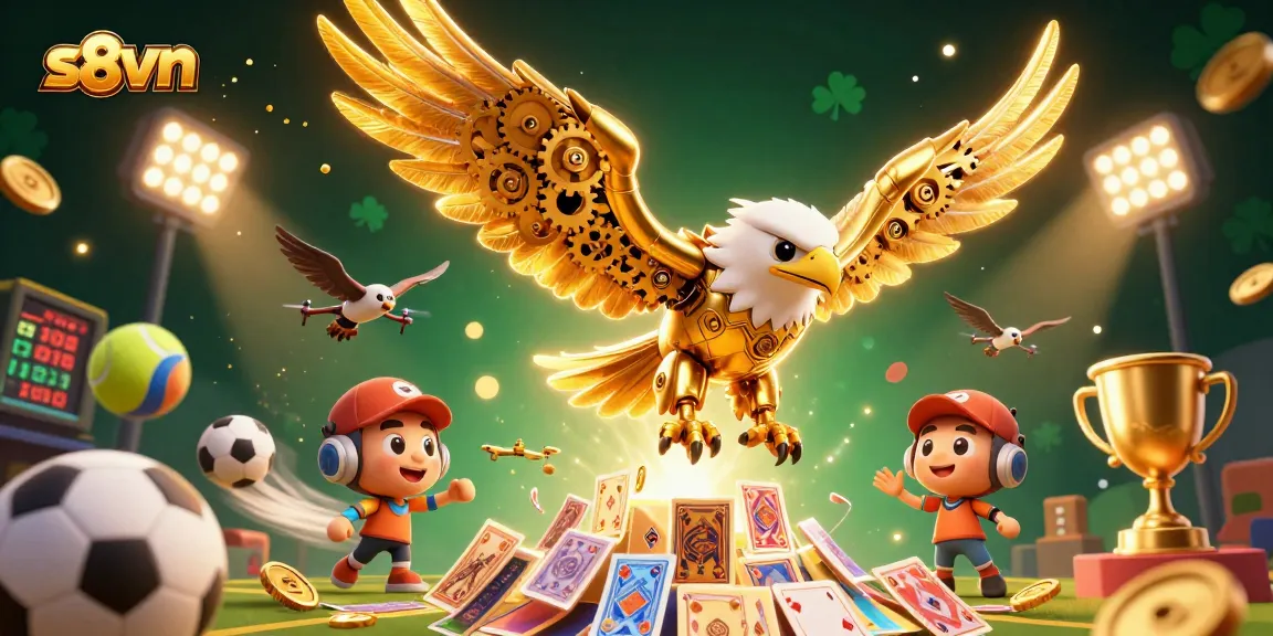 Experience the thrilling action of s8vn with a cybernetic eagle amidst flying sports elements.