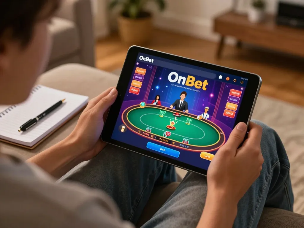 Engaging player strategizing on OnBet's online poker game in a cozy home