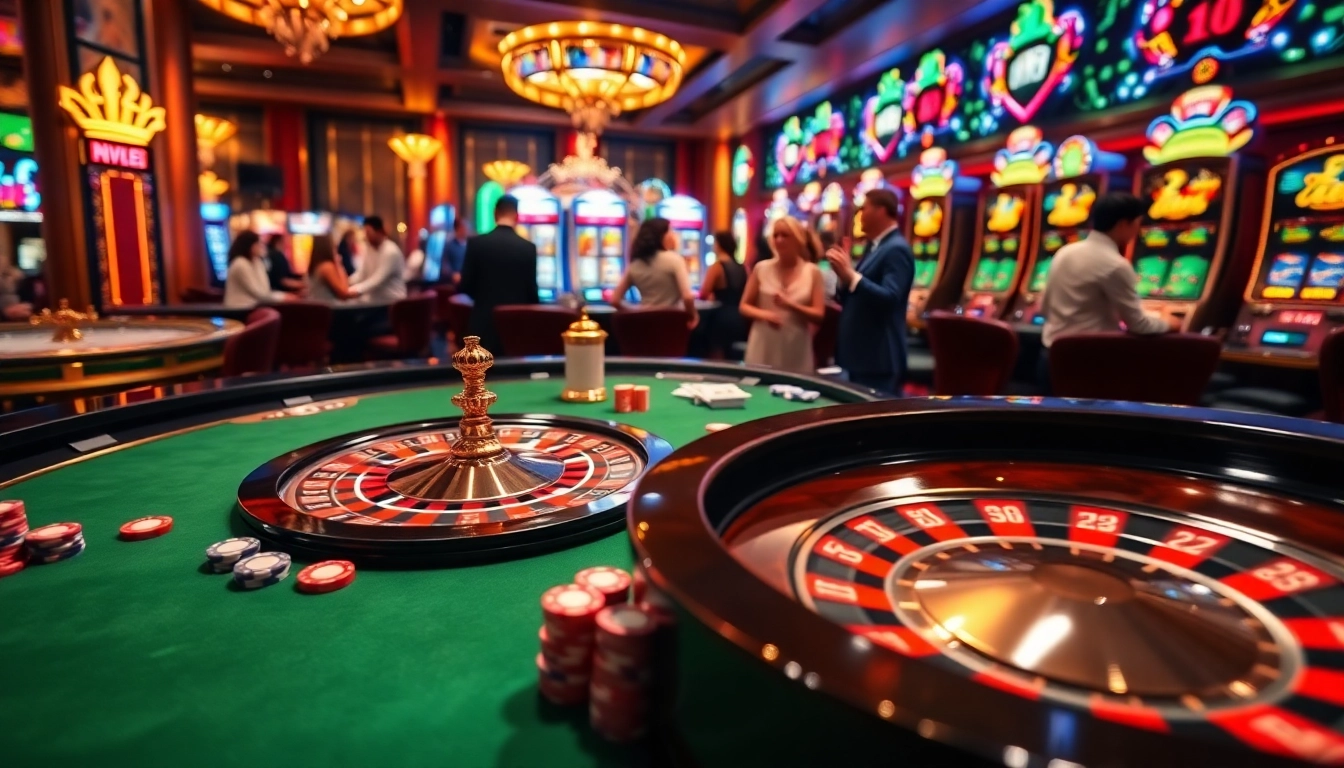 Engaging scene at a casino highlighting the excitement of tr88 bet with players at roulette and poker tables.