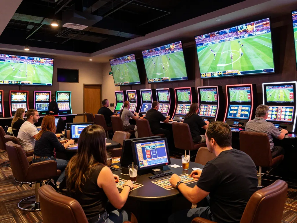 Engaged bettors placing wagers in vk88 sports lounge with live screens displaying events